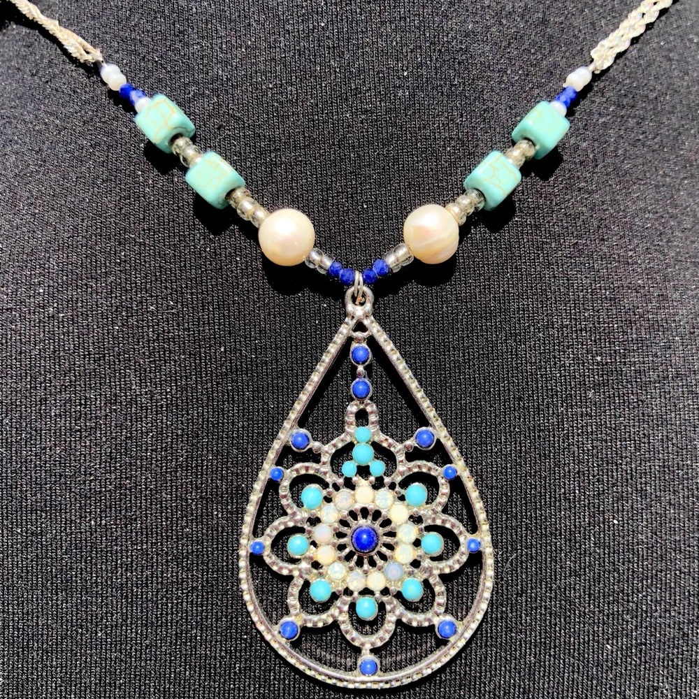 HANDCRAFTED Upcycled silver blue beaded pendant necklace Southwestern vibe